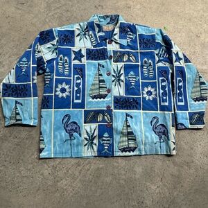 Life Style Blue Patterned Beaded Nautical Beach Button Down Top Lagenlook Resort